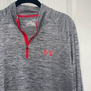 Men’s UNDER ARMOUR 1/4 front zip LS pullover in heather gray and red accents
